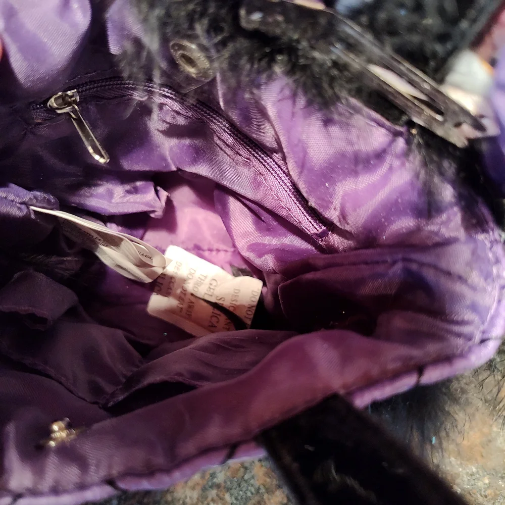 NWT Handcrafted Purple Quilted Purse Black Feathers And Flower